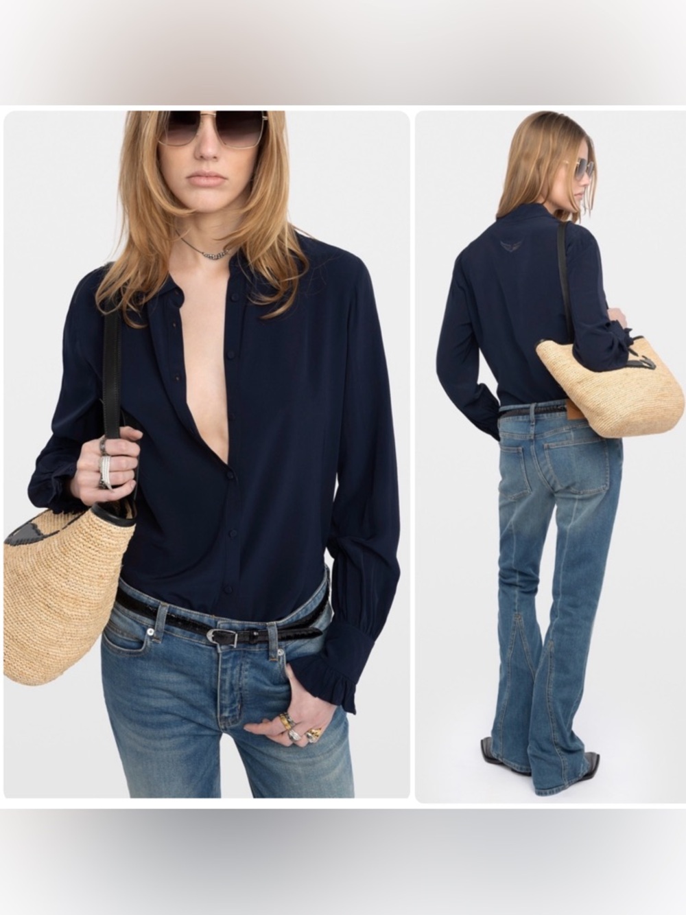 Zadig & Voltaire Thely Soft Viscose Dark Navy Button Down Shirt Blouse NWT $298